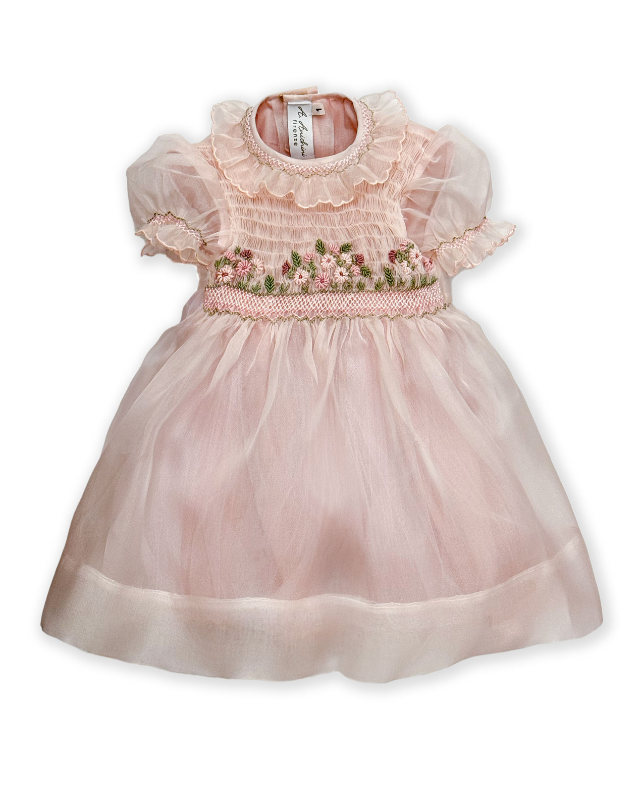 Rania  smocked girl dress in silk organdis with a an embroidered daisies meadow.